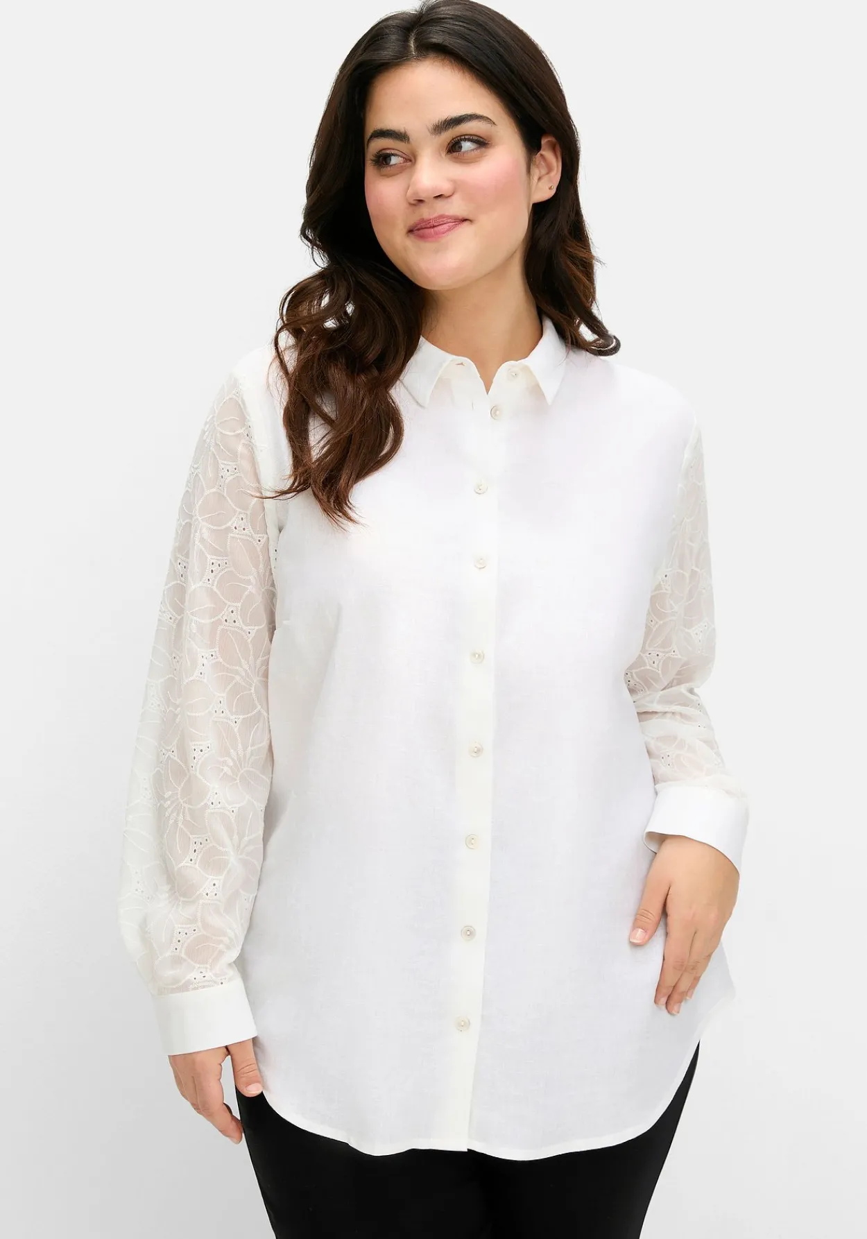 Bluse im Leinen-Mix, mit Ärmeln aus Spitze<sheego Sale