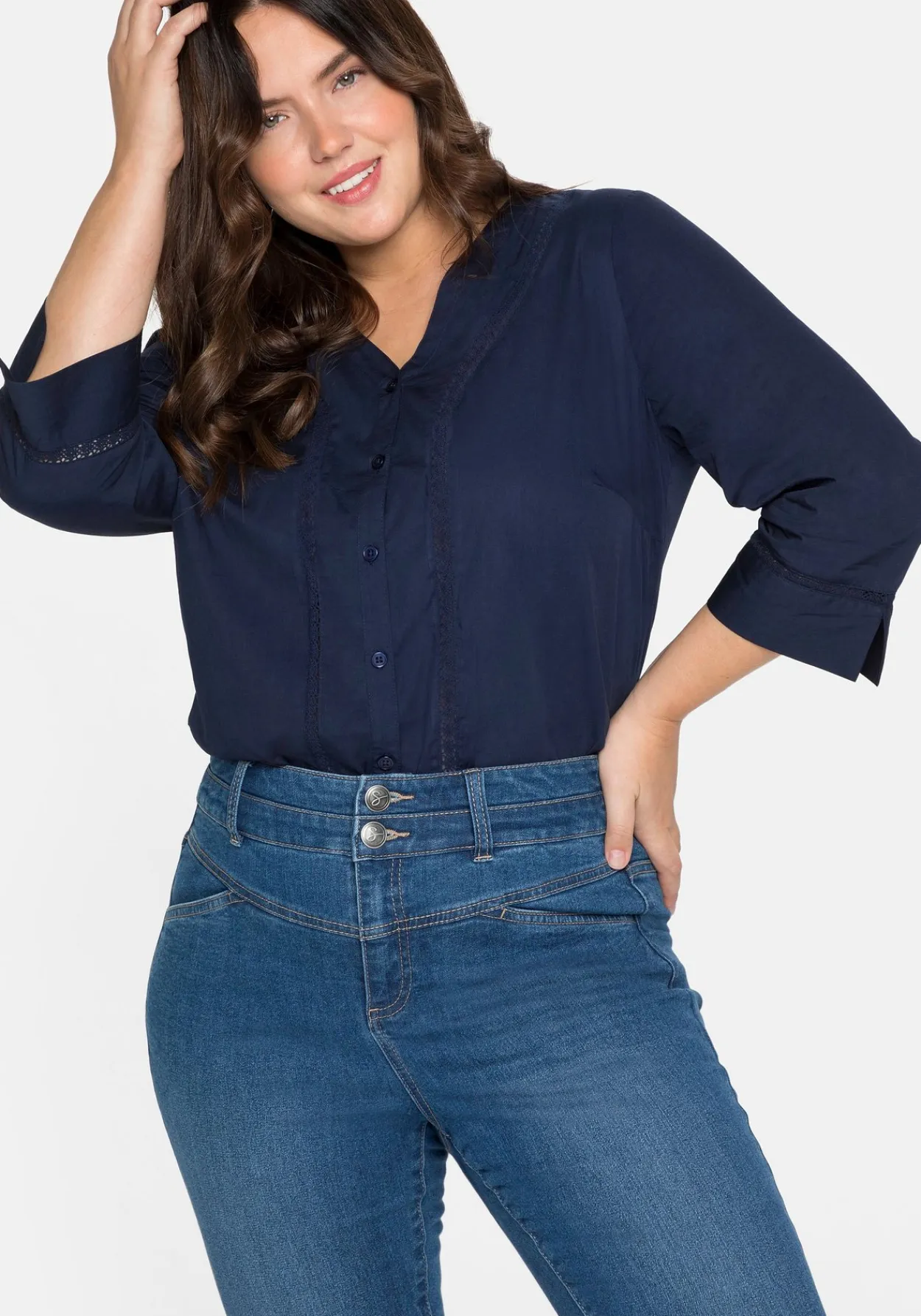 Bluse mit 3/4-Arm, V-Ausschnitt und Spitze<sheego Best