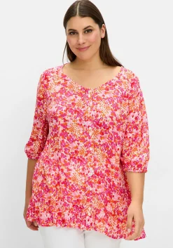 Crêpe-Bluse mit Blumendruck und Volant am Saum<sheego Fashion