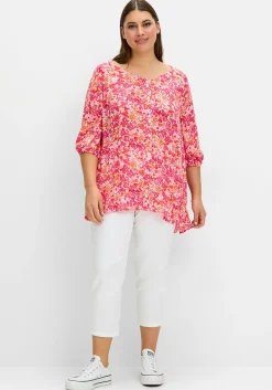 Crêpe-Bluse mit Blumendruck und Volant am Saum<sheego Fashion