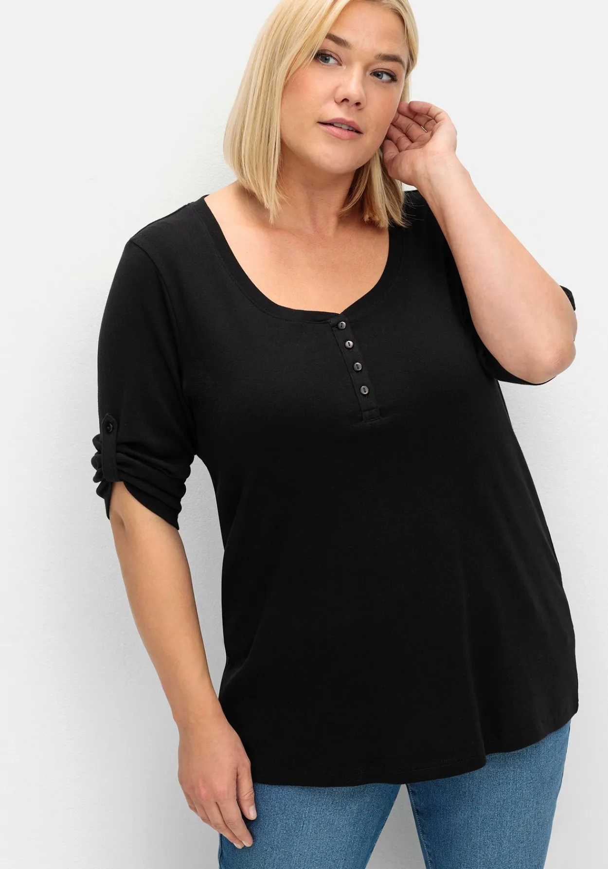 Henleyshirt mit 3/4-langen Krempelärmeln<sheego Fashion
