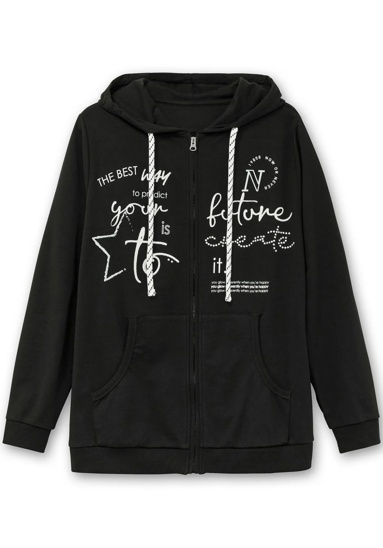 Kapuzensweatjacke mit Print und Kängurutasche<sheego Fashion