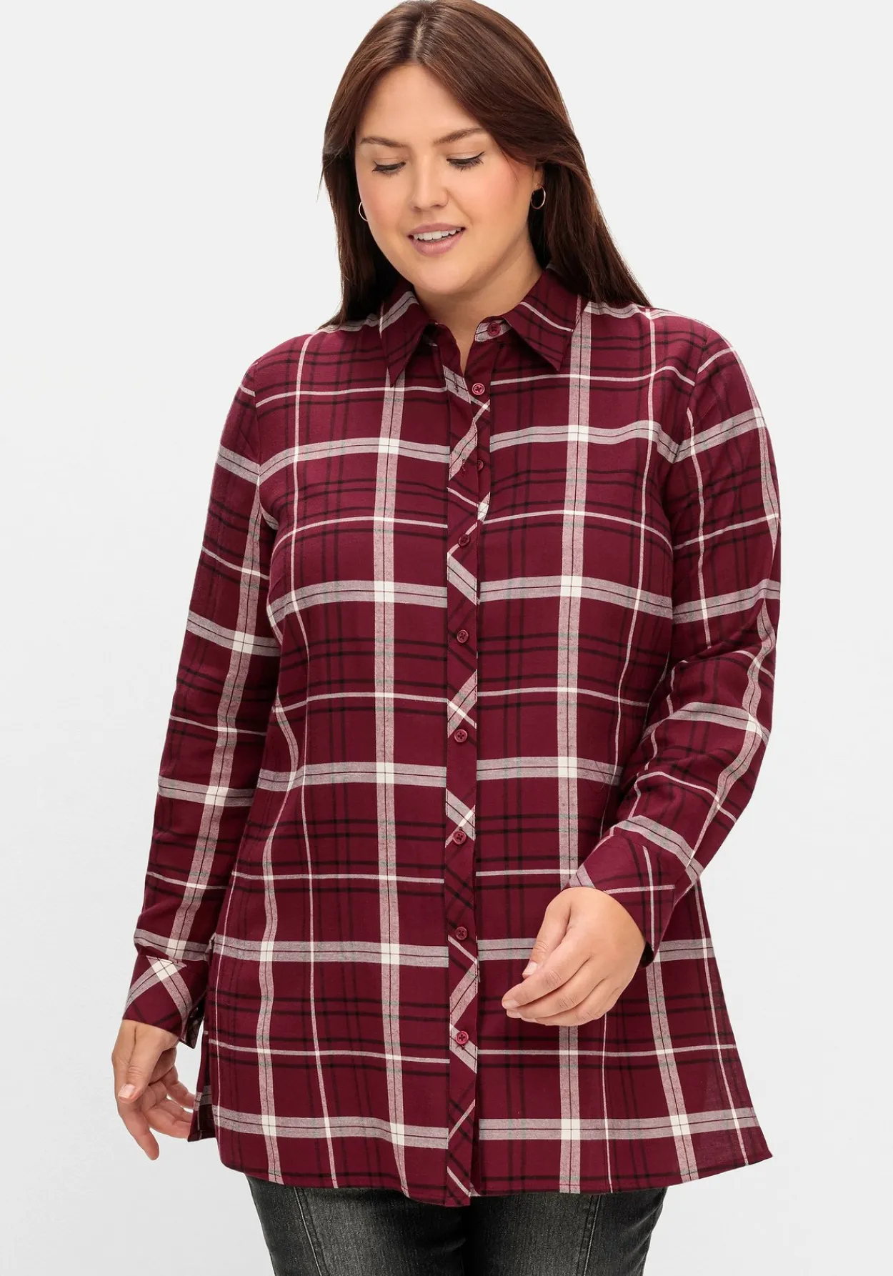 Karierte Longbluse mit Kragen und Manschettenärmel<sheego Clearance