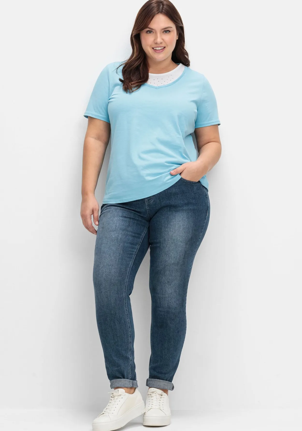 Kurzarmshirt in Layeroptik mit Ziernieten<sheego Sale