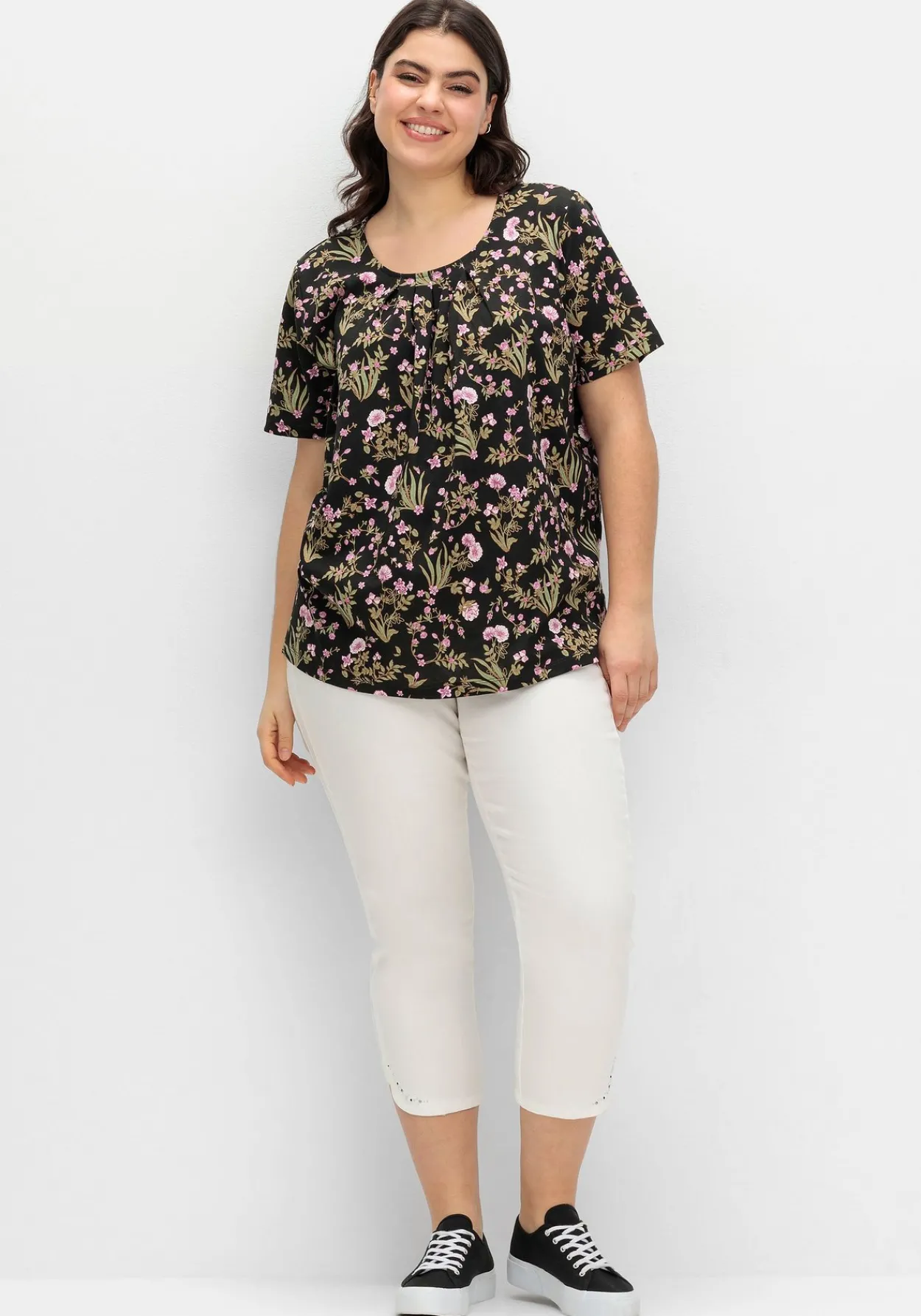 Kurzarmshirt mit Blumenprint und Faltendetails<sheego Best
