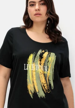 Kurzarmshirt mit Frontdruck und Glitzereffekt<sheego Hot