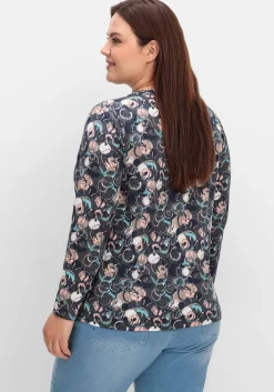 Langarmshirt mit Alloverprint und kurzer Knopfleiste<sheego New