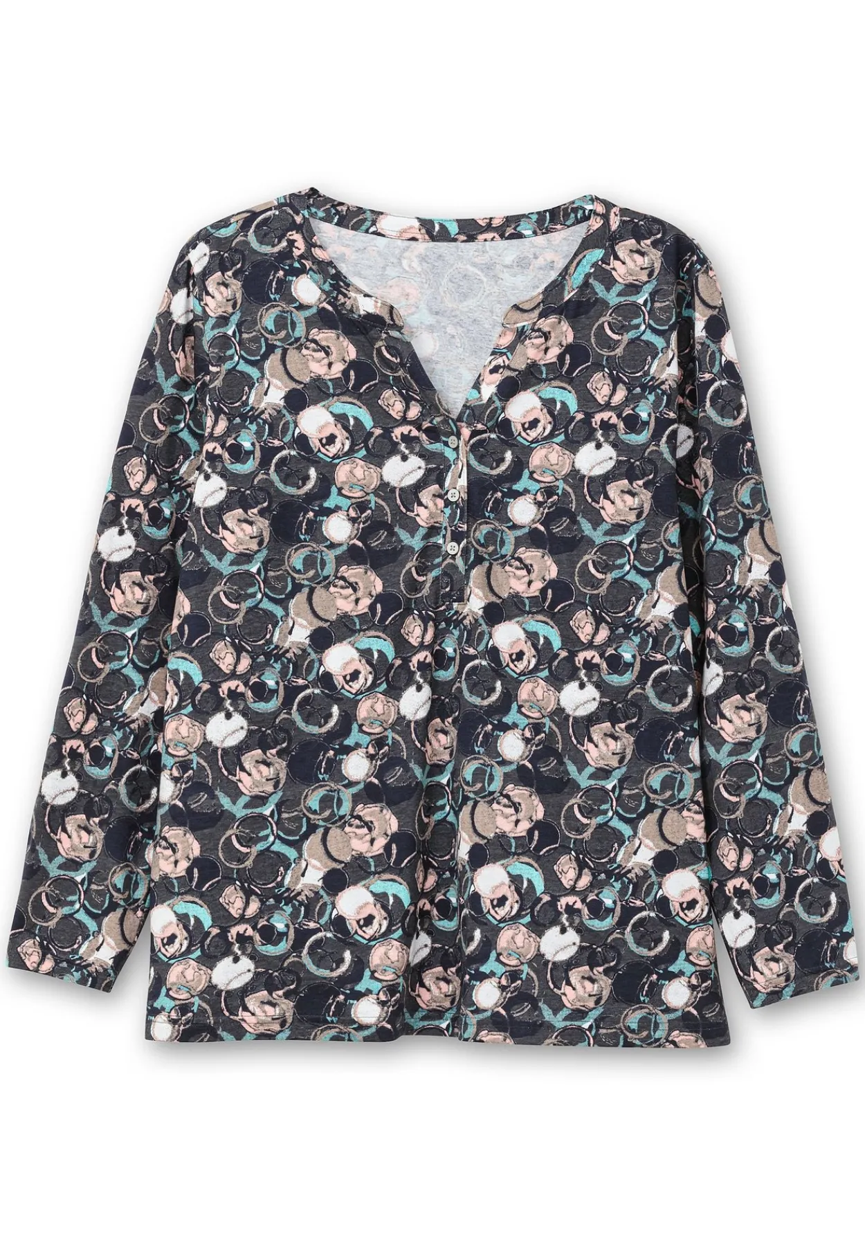 Langarmshirt mit Alloverprint und kurzer Knopfleiste<sheego New