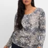 Langarmshirt mit Blätterprint und Faltendetail vorn<sheego Discount