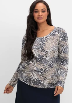Langarmshirt mit Blätterprint und Faltendetail vorn<sheego Discount
