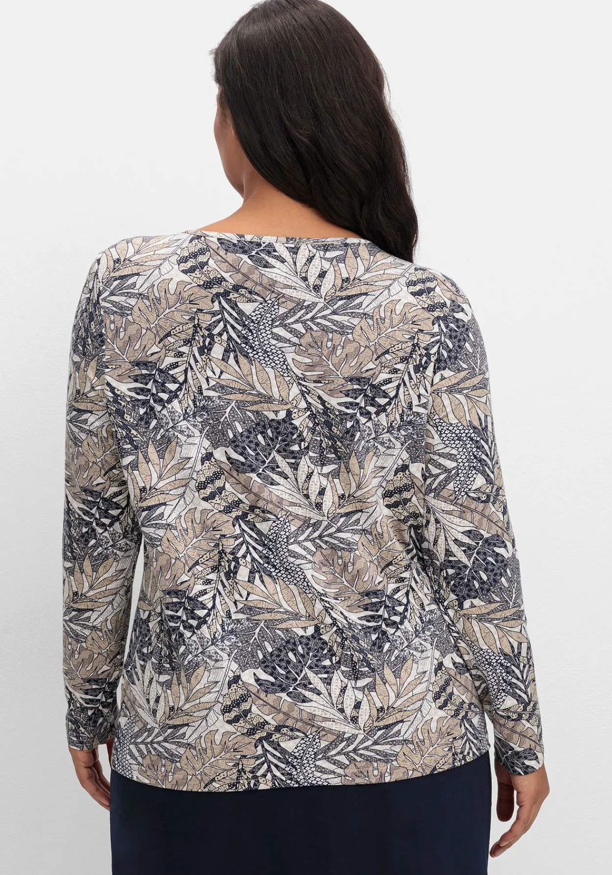 Langarmshirt mit Blätterprint und Faltendetail vorn<sheego Discount