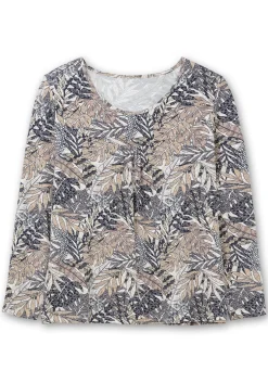 Langarmshirt mit Blätterprint und Faltendetail vorn<sheego Discount