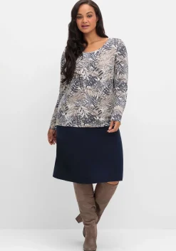 Langarmshirt mit Blätterprint und Faltendetail vorn<sheego Discount