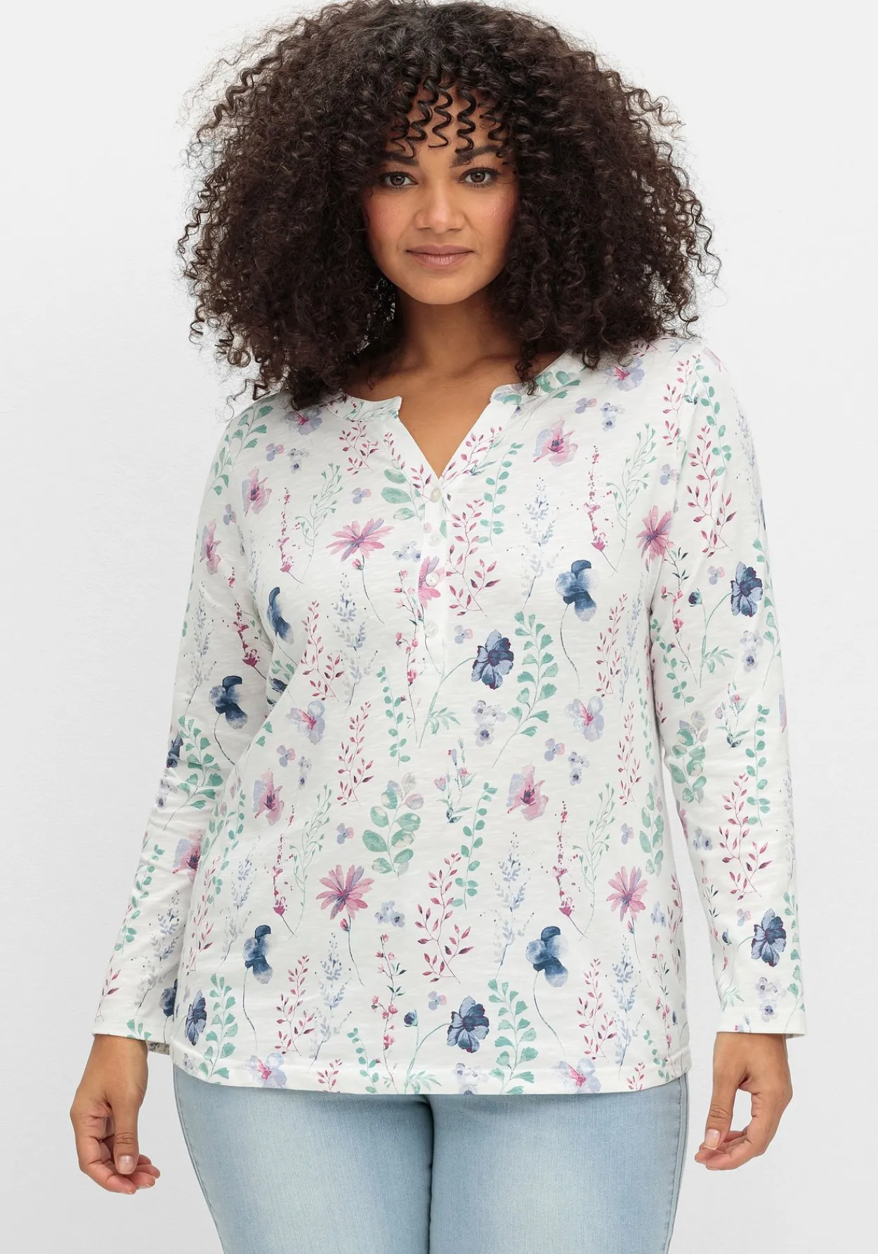 Langarmshirt mit Blumenmuster und Knopfleiste<sheego Best