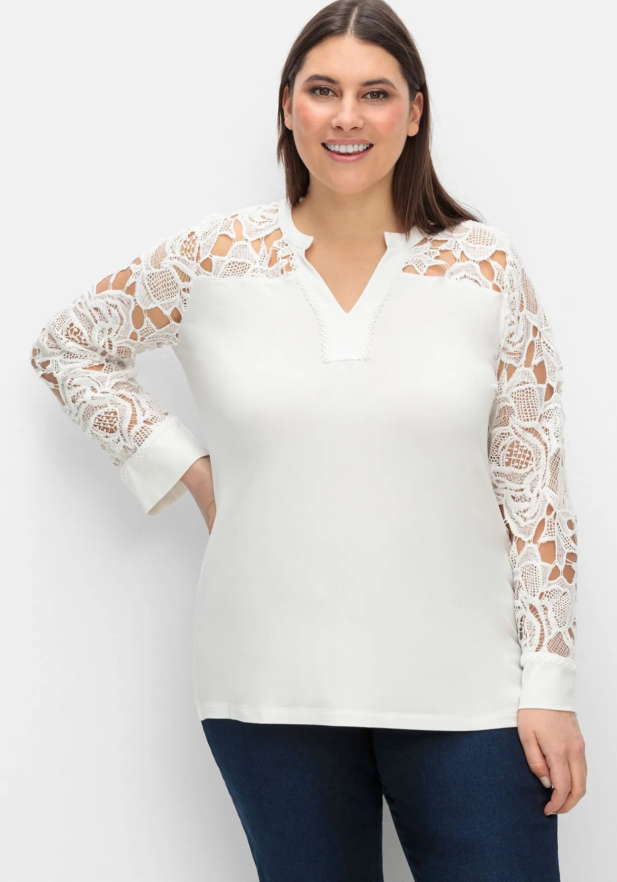 Langarmshirt mit transparenter Spitze<creation L Discount