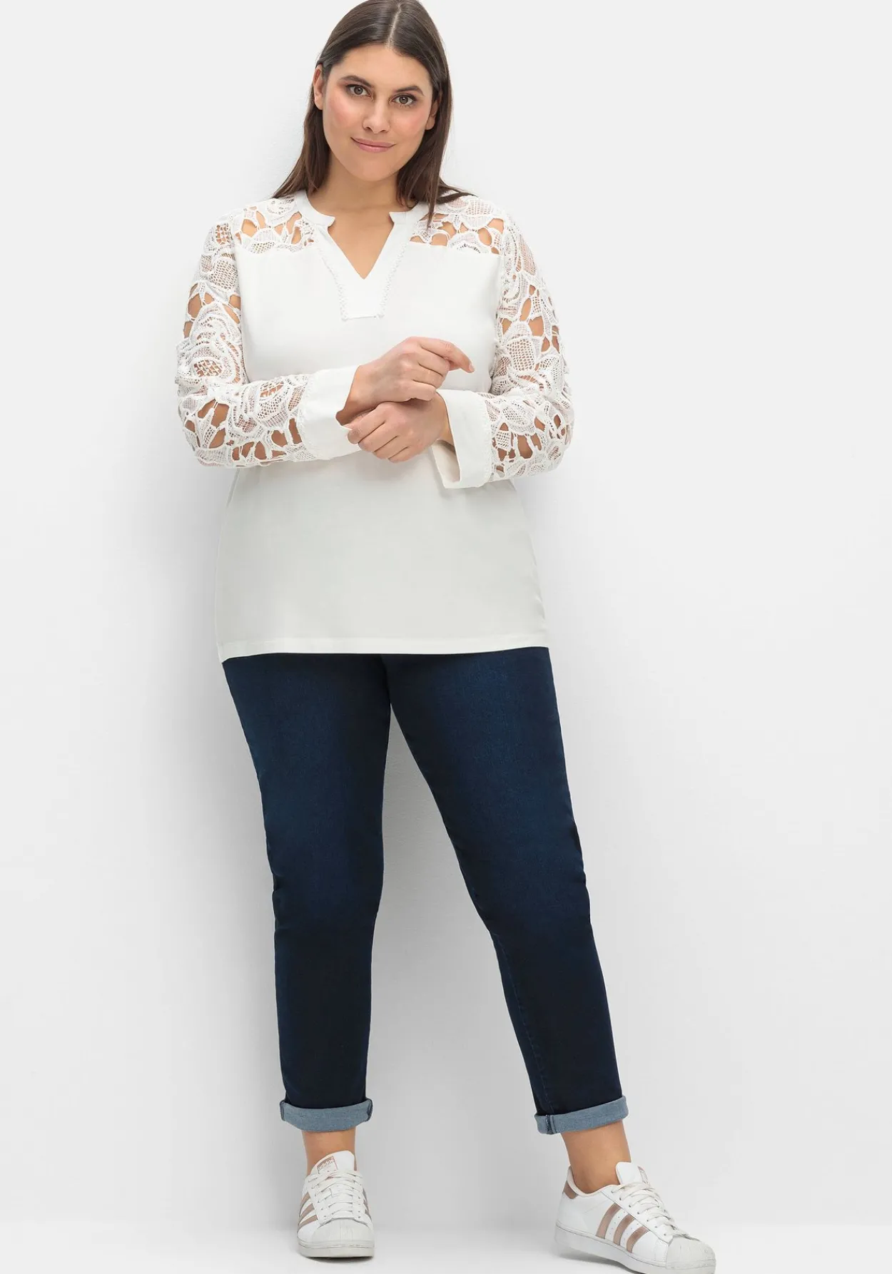 Langarmshirt mit transparenter Spitze<creation L Discount