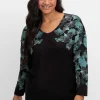 Langarmshirt mit V-Ausschnitt und Blätterdruck<sheego Fashion