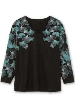 Langarmshirt mit V-Ausschnitt und Blätterdruck<sheego Fashion