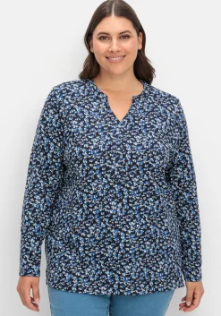 Langarmshirt mit V-Schlitz und floralem Minimalprint<sheego Hot