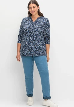 Langarmshirt mit V-Schlitz und floralem Minimalprint<sheego Hot