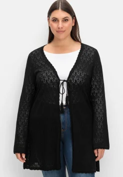 Lange Ajour-Strickjacke mit Bindeband<sheego Outlet