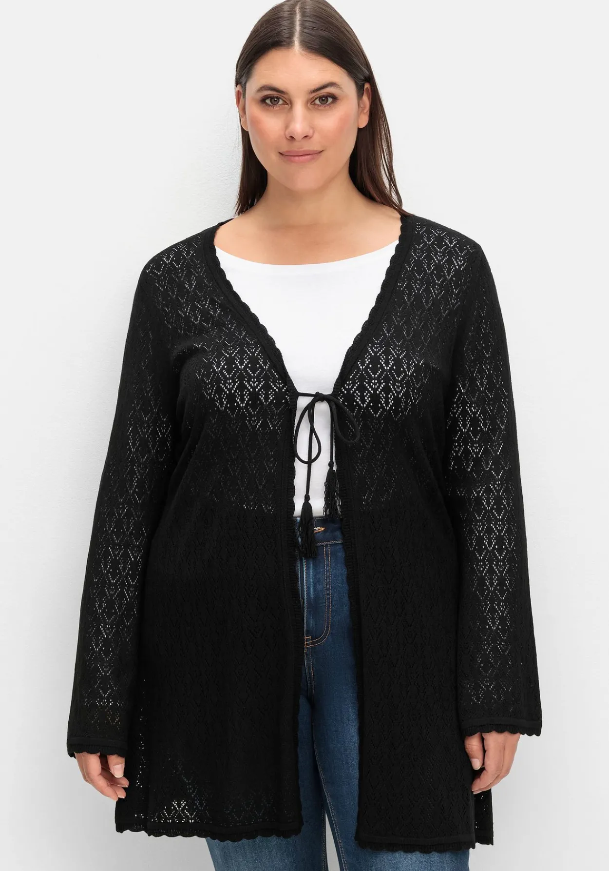 Lange Ajour-Strickjacke mit Bindeband<sheego Outlet
