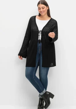 Lange Ajour-Strickjacke mit Bindeband<sheego Outlet