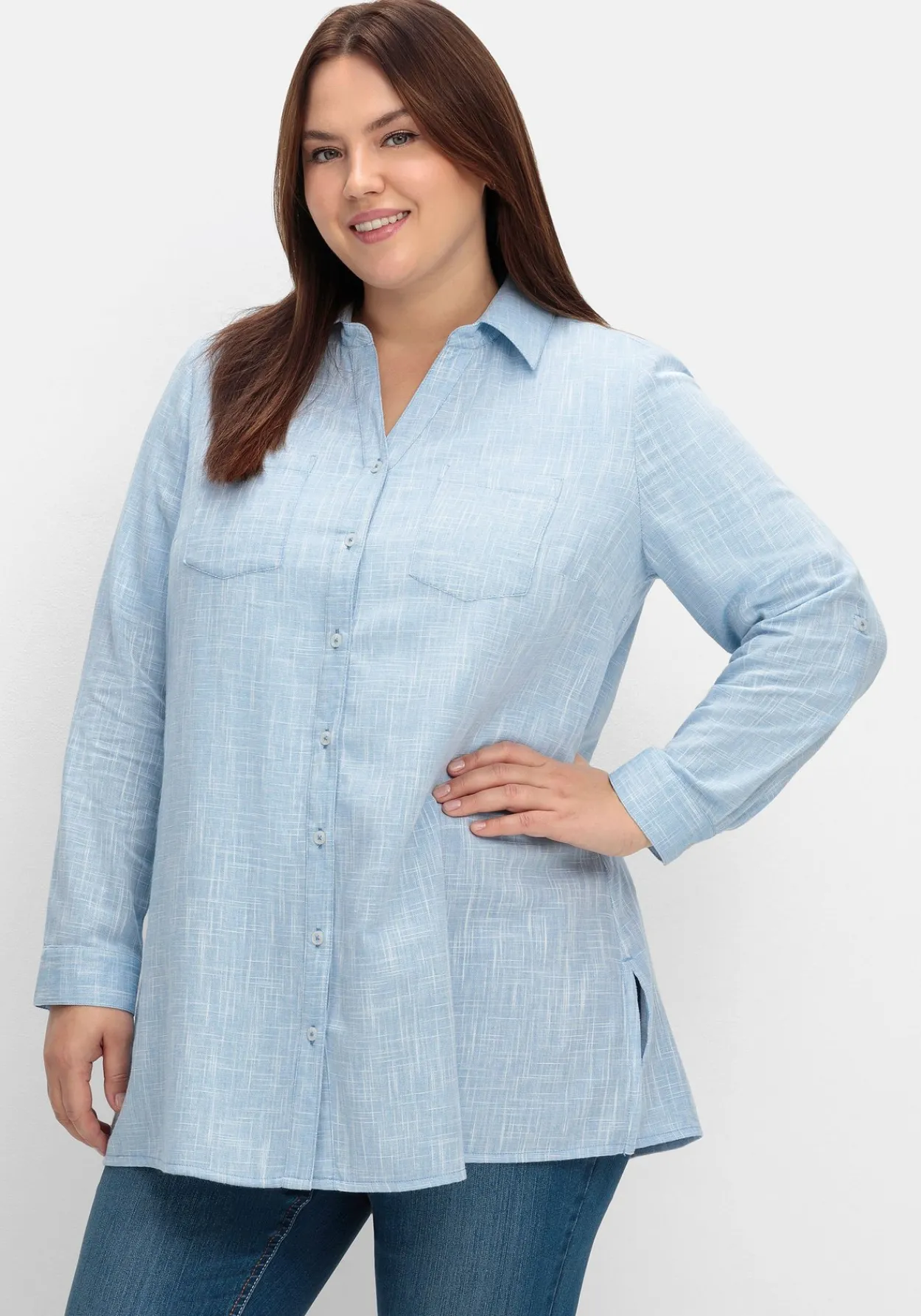 Lange Bluse mit Krempelärmeln, in Leinenoptik<sheego Outlet