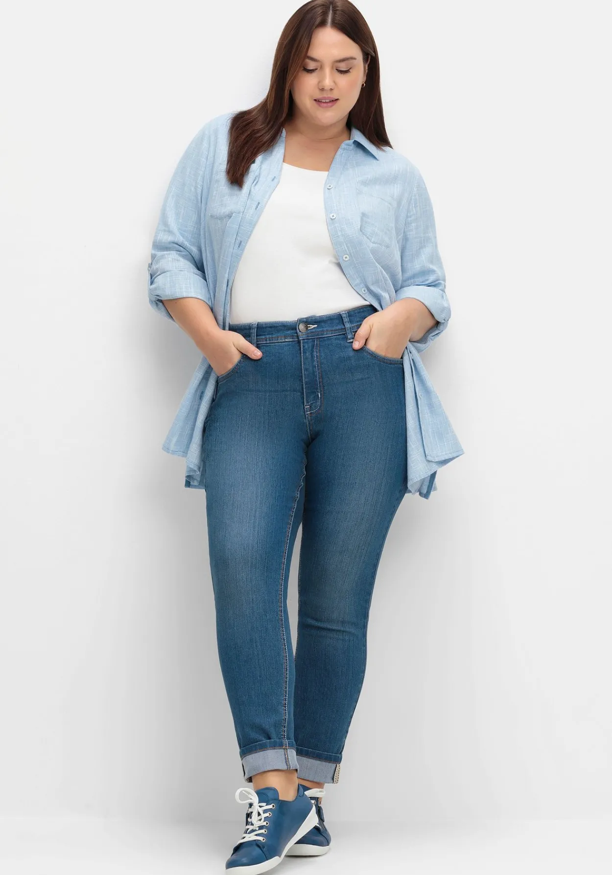 Lange Bluse mit Krempelärmeln, in Leinenoptik<sheego Outlet