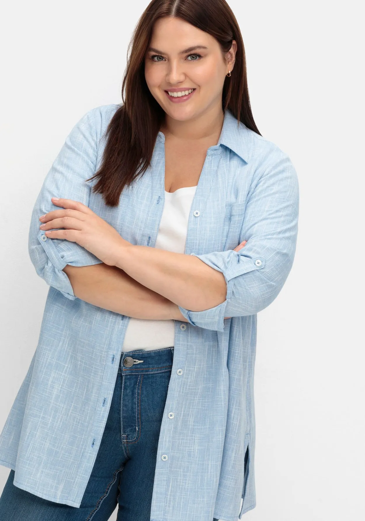 Lange Bluse mit Krempelärmeln, in Leinenoptik<sheego Outlet