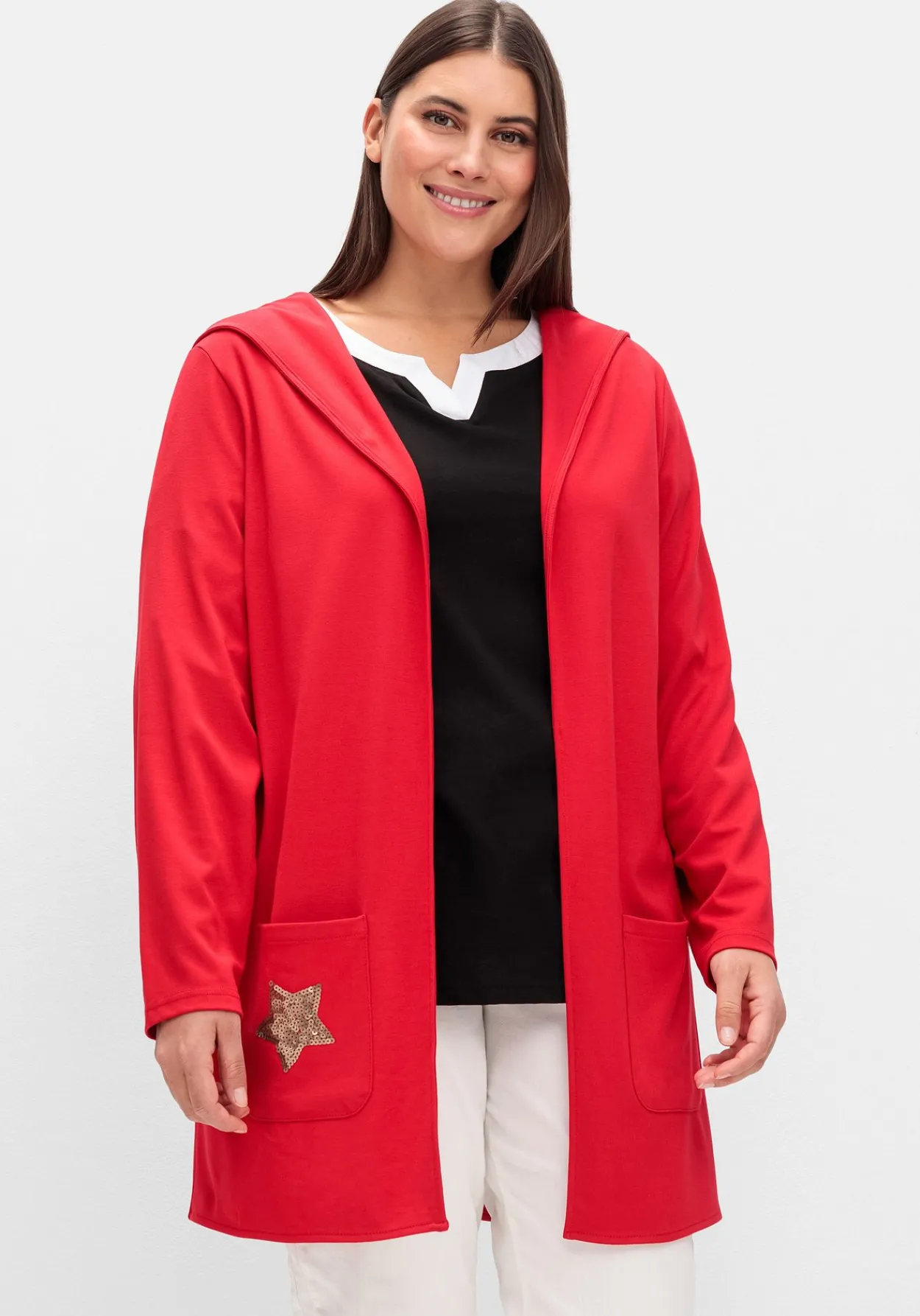 Lange Shirtjacke mit Pailletten-Print im Rücken<sheego Fashion