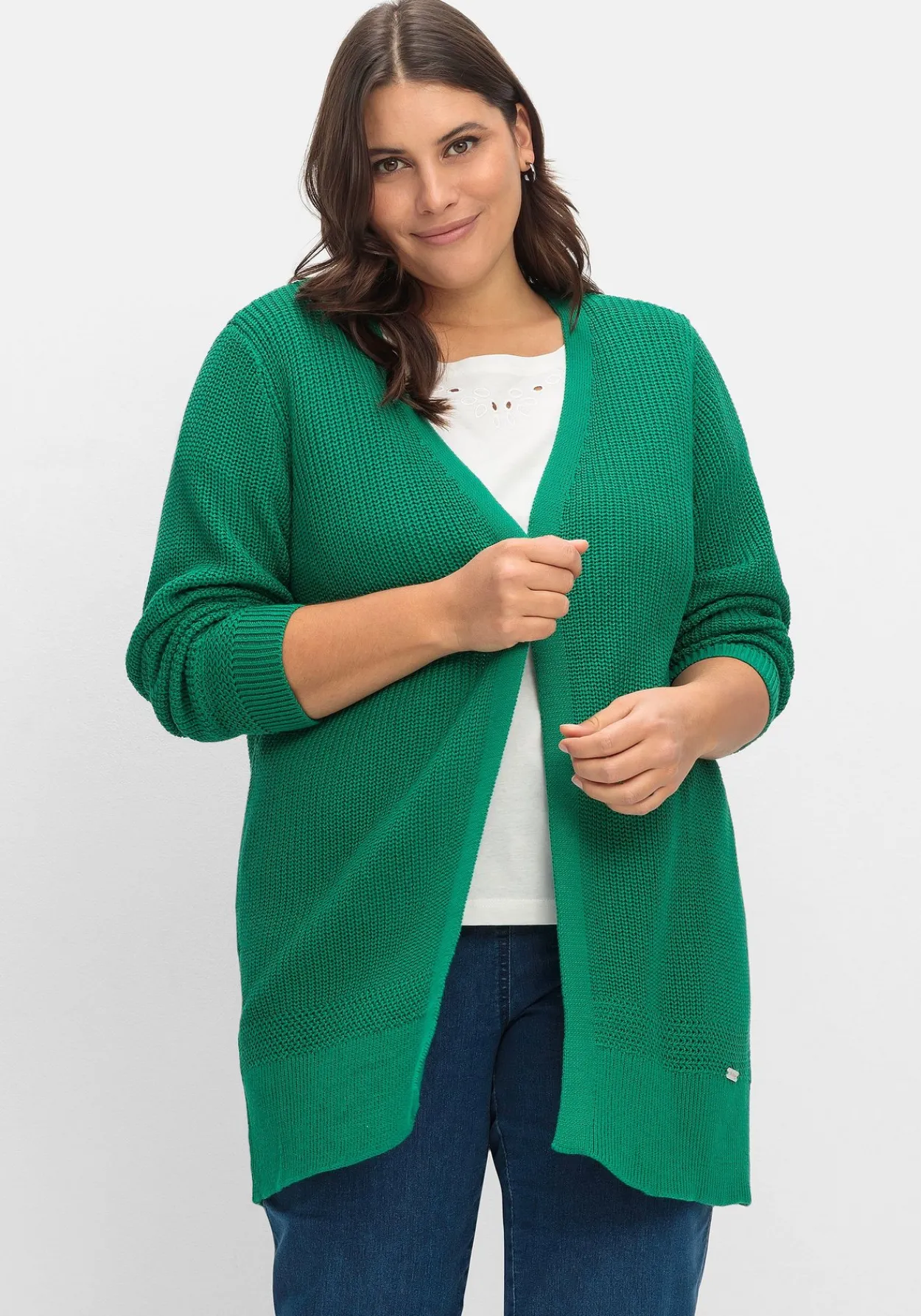 Lange Strickjacke in Grobstrick-Optik, offene Form<sheego x Collection L. Outlet