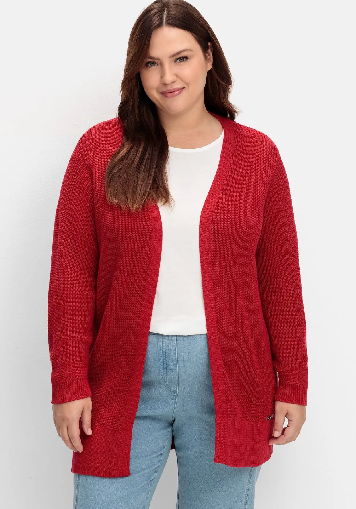 Lange Strickjacke in Grobstrick-Optik, offene Form<sheego x Collection L. Hot