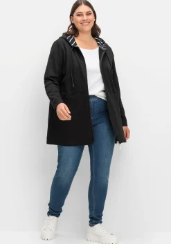 Lange Sweatjacke mit gestreiftem Kapuzenfutter<sheego Outlet