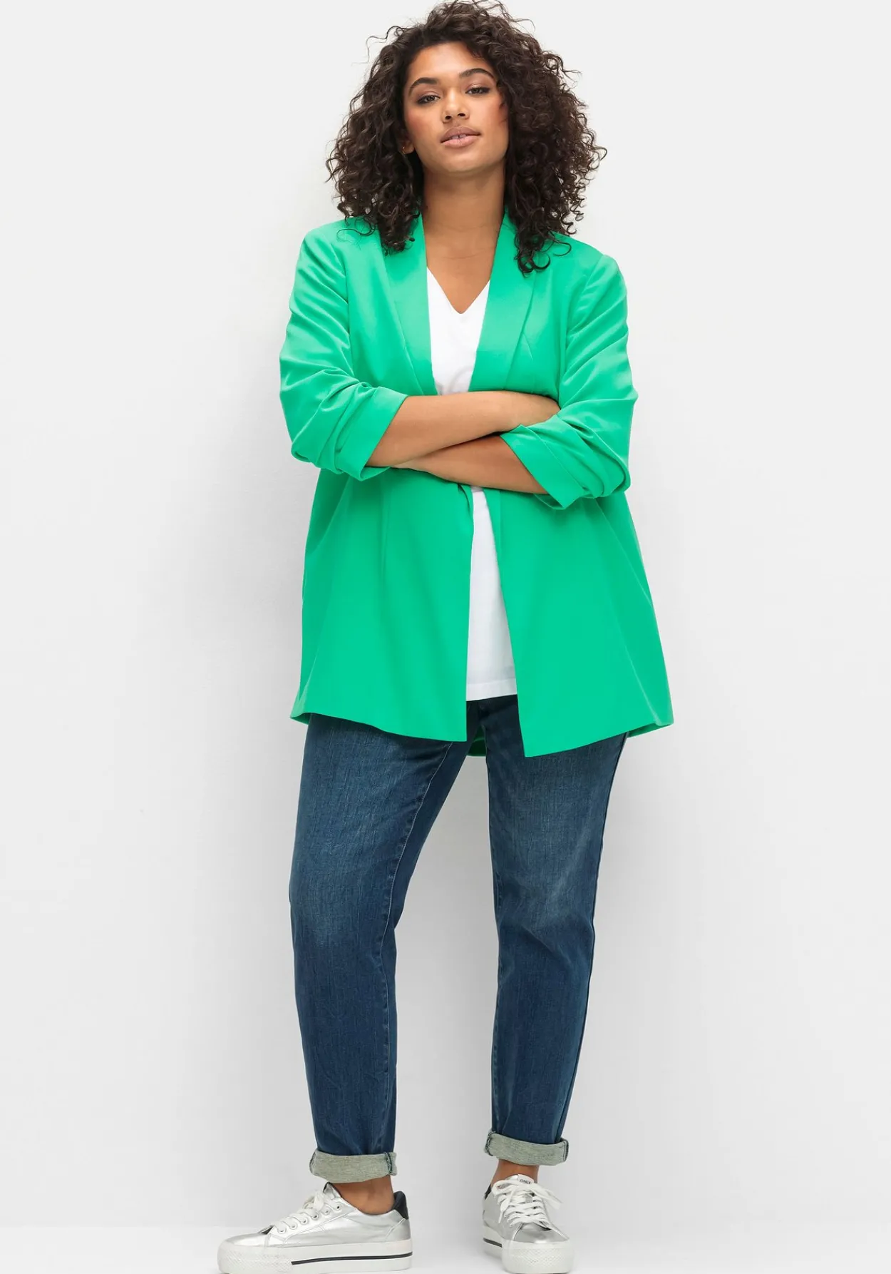 Langer Blazer mit Schalkragen und gerafftem 3/4-Arm<sheego Hot