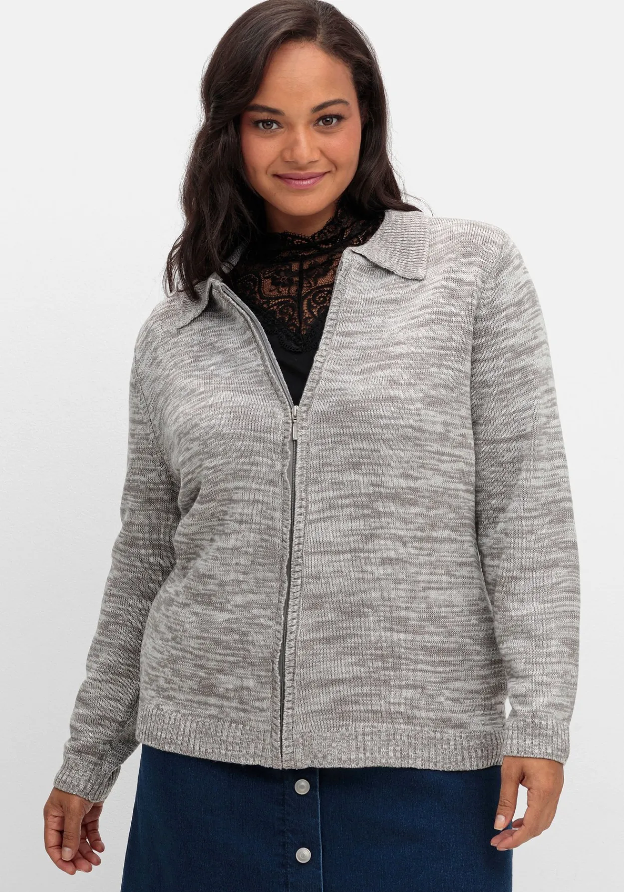 Melierte Strickjacke mit Polokragen<sheego Clearance