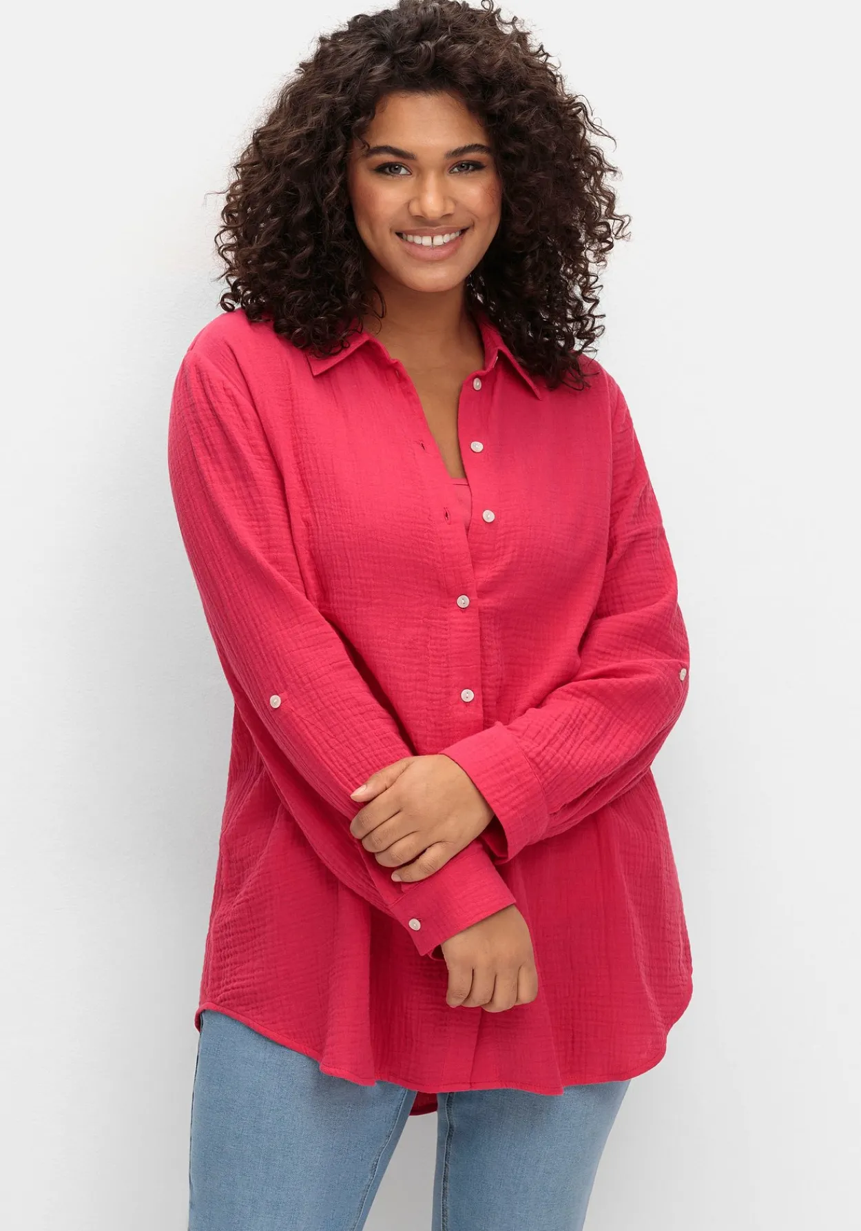 Musselin-Bluse mit Hemdkragen und Krempelärmeln<sheego Hot