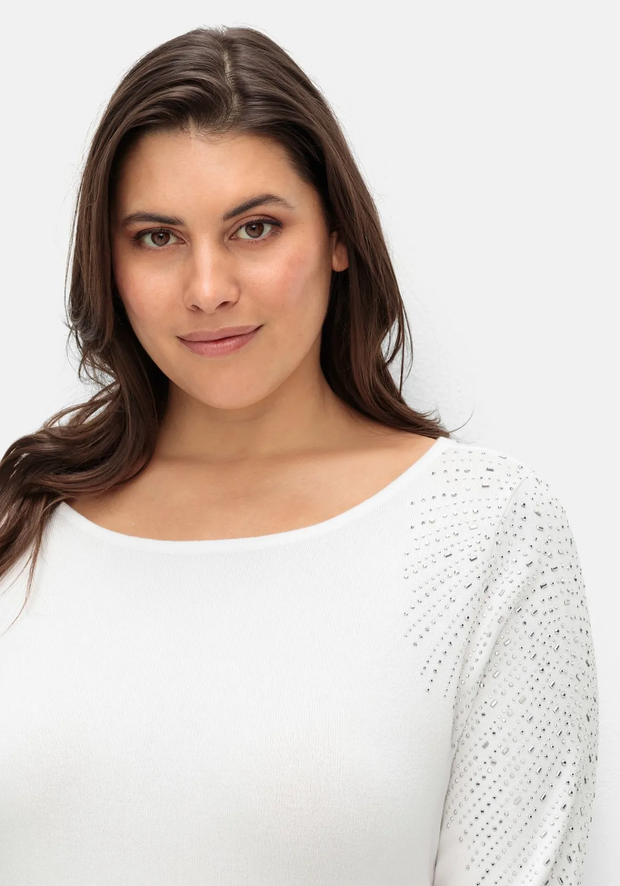 Pullover mit U-Boot-Ausschnitt und Glitzersteinen<CREATION L PREMIUM Hot