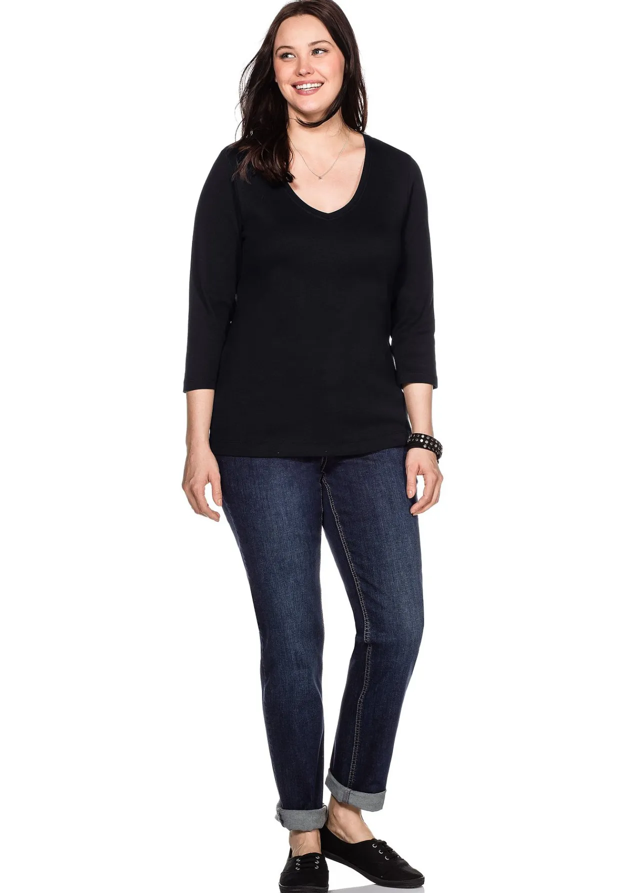 Shirt mit 3/4-Arm und V-Ausschnitt, in Rippqualität<sheego Outlet