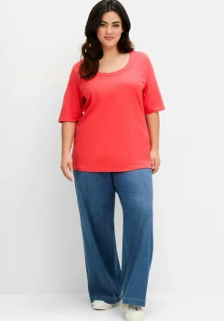 Shirt mit weitem Rundhalsausschnitt, in Rippstruktur<sheego Sale