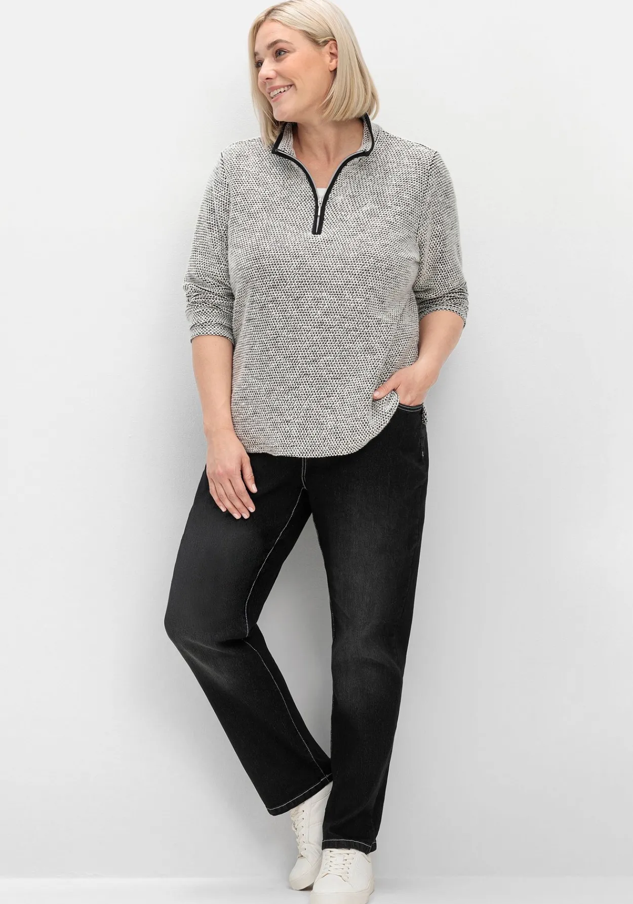 Sweatshirt in Bouclé-Qualität, mit Troyerkragen<sheego Discount