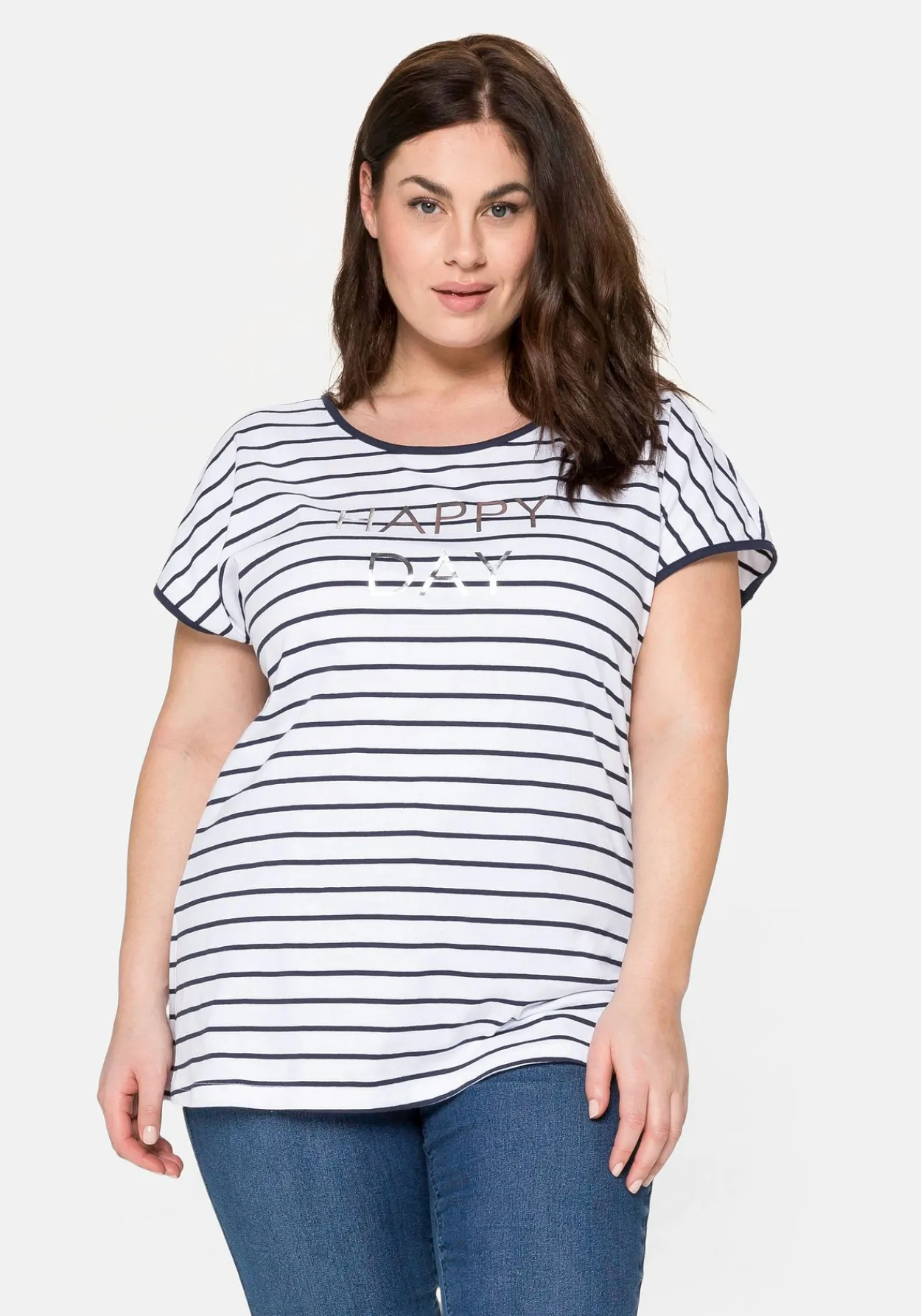 T-Shirt mit Ringeln und Statement-Foliendruck<sheego New